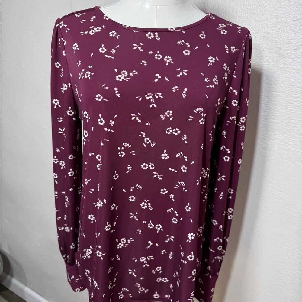 Ann Taylor Burgundy Floral Long Sleeve Blouse Size Small